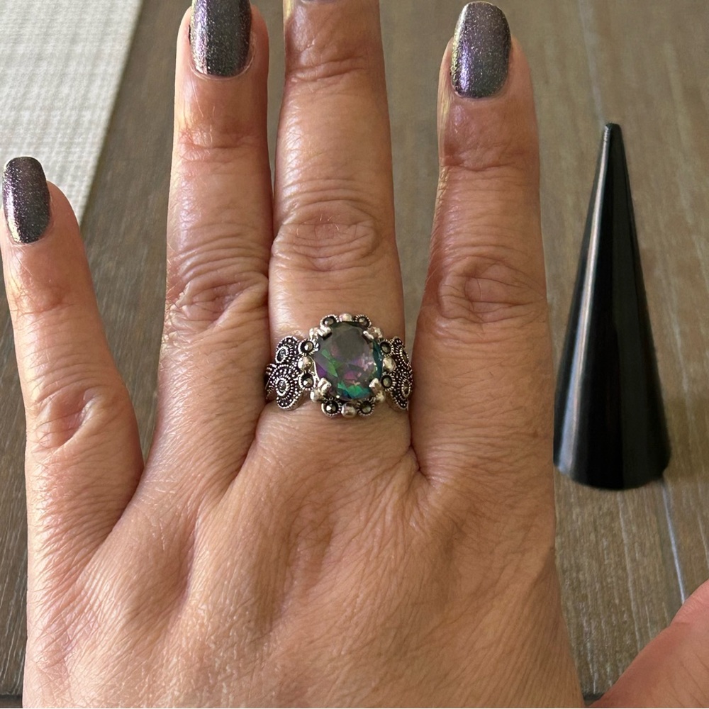 Mystic topaz/Mystic fire green topaz and marcasite Taxco Silver  ring 9 - Picture 7 of 14